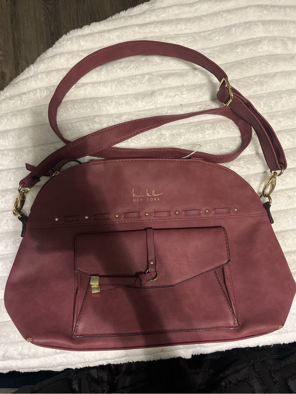 Nicole Miller New York Burgundy Crossbody Shoulder Bag Faux Leather Purse